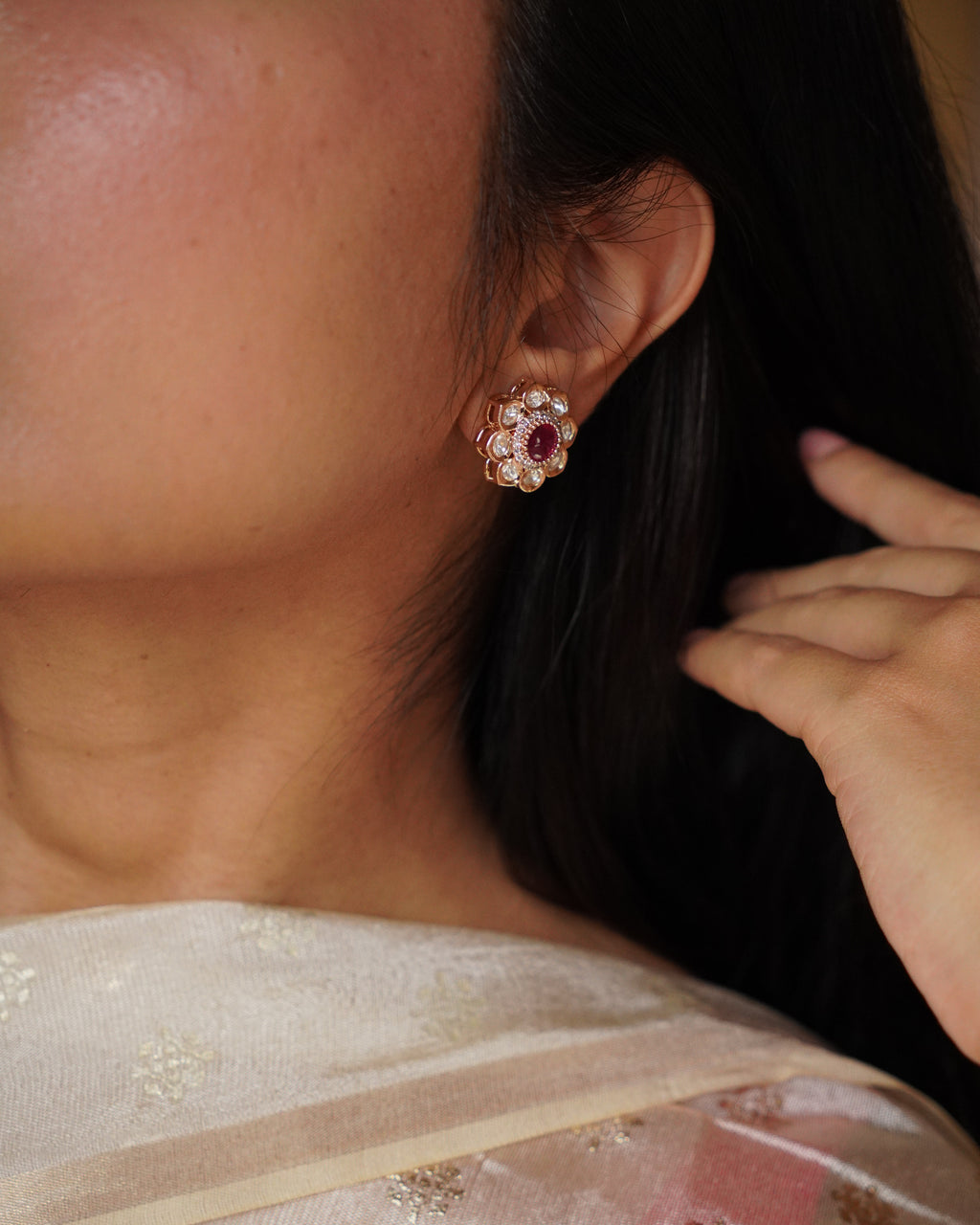 ROOP- Gold Kundan Floral Stud Earrings