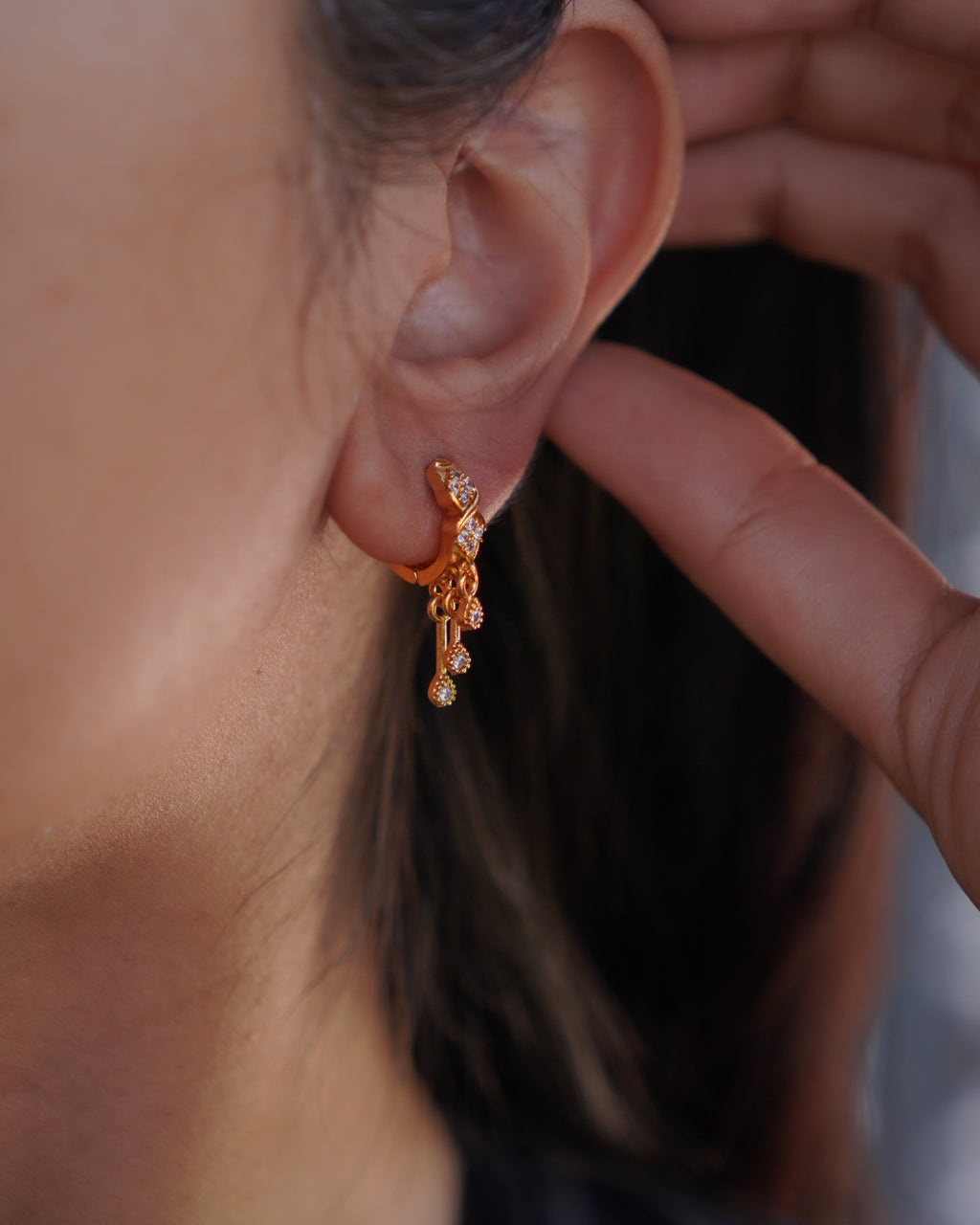 FLORA- Gold Dangle Hoop Earrings with Zircon Drops | Multi-Wear Hoop & Ear Cuff Style