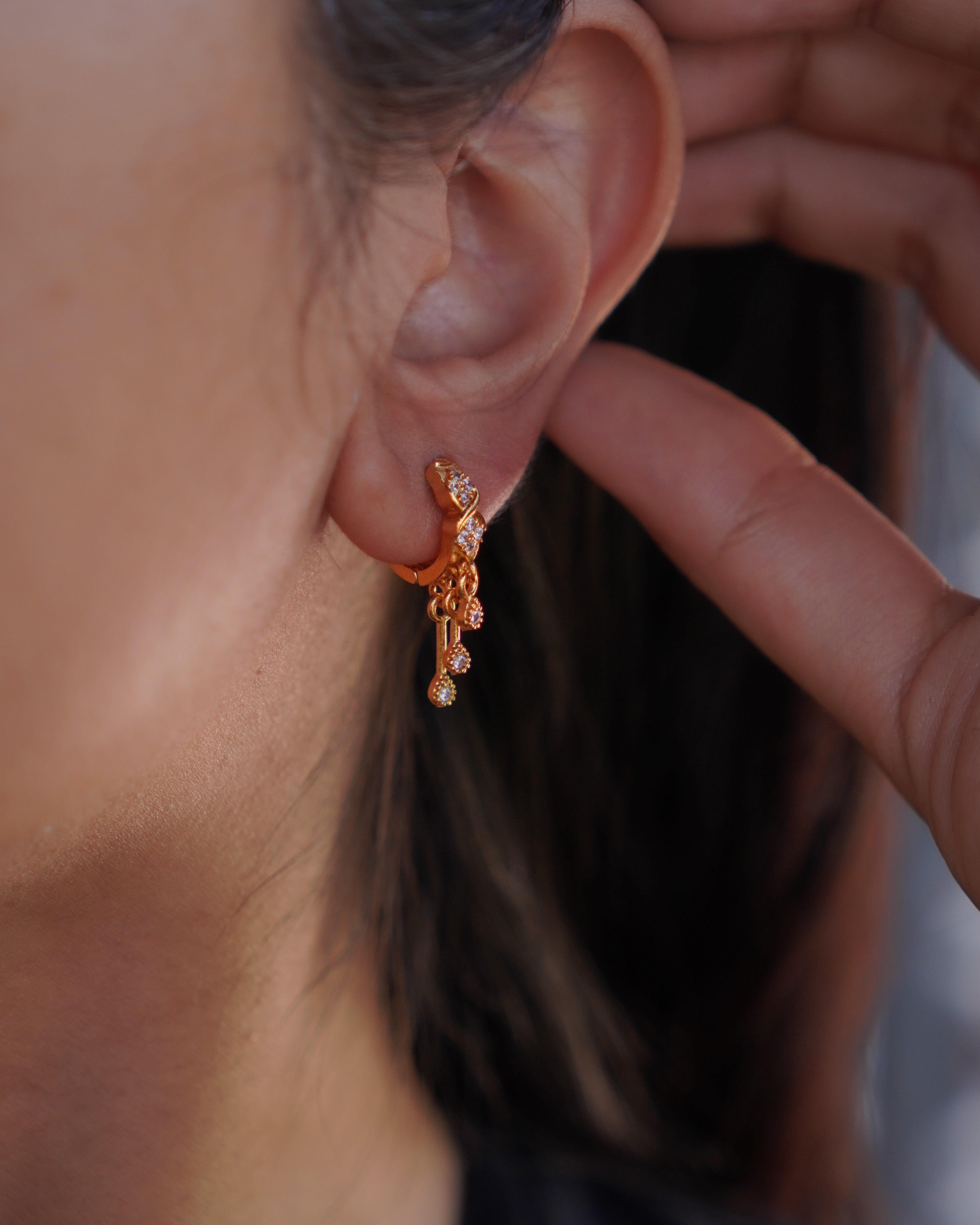 FLORA- Gold Dangle Hoop Earrings with Zircon Drops | Multi-Wear Hoop & Ear Cuff Style