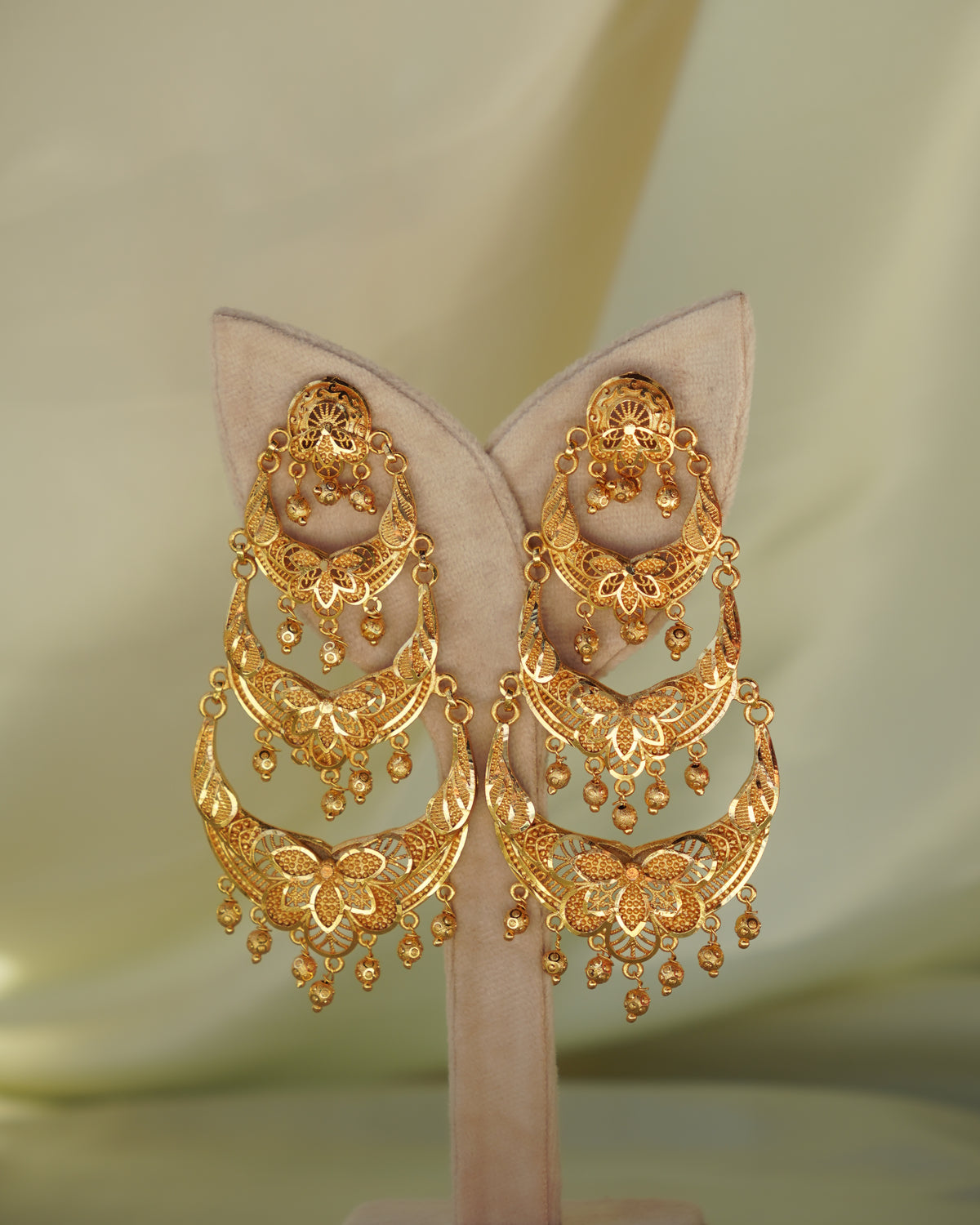 ORO- Three Tier Chandbali Earrings | Micro Plated Floral Filigree Layered Wedding Dangles