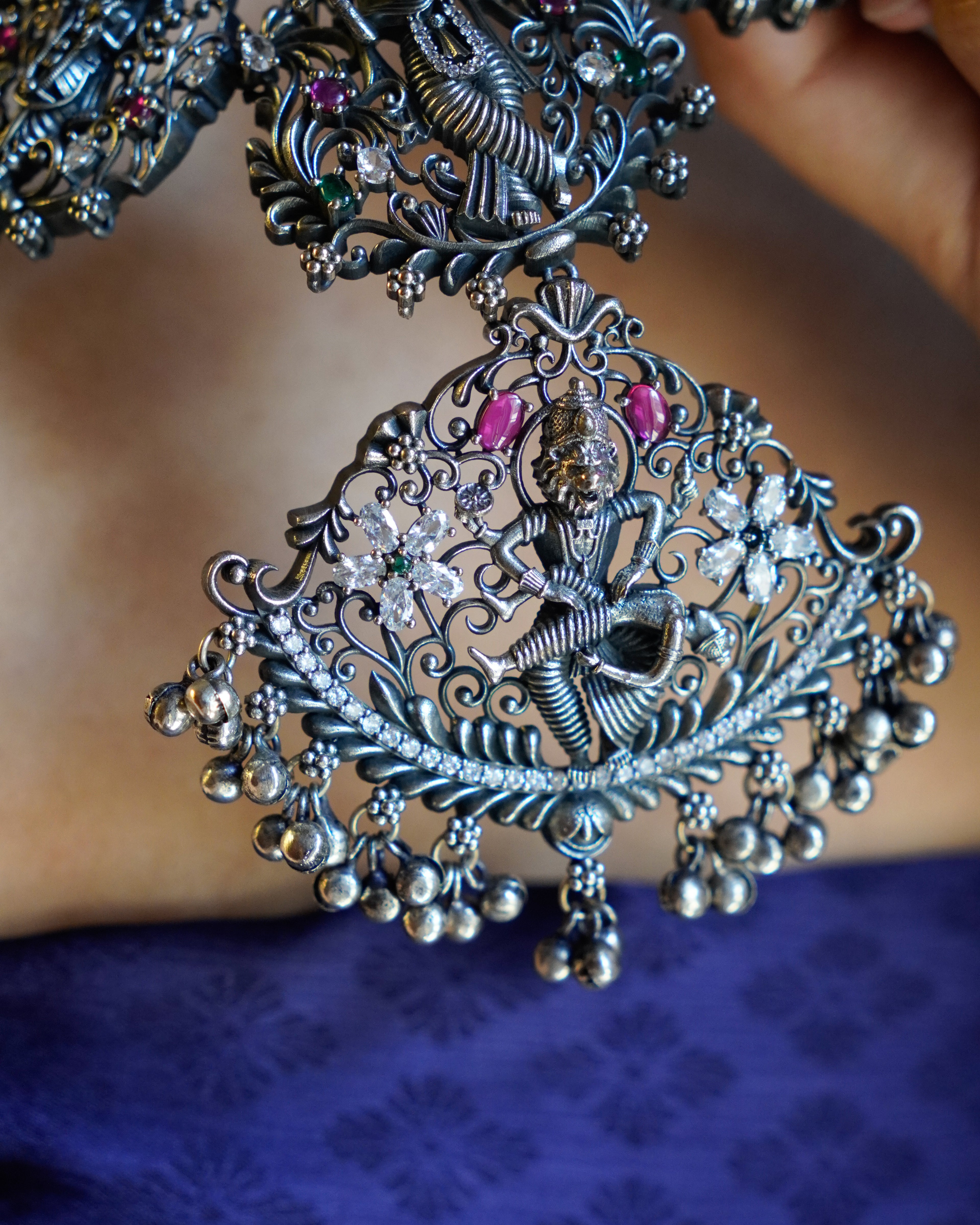 Anassa- Oxidised Temple Jewellery Necklace Set with Earrings – Antique Silver Finish Brass, Goddess Pendant Statement