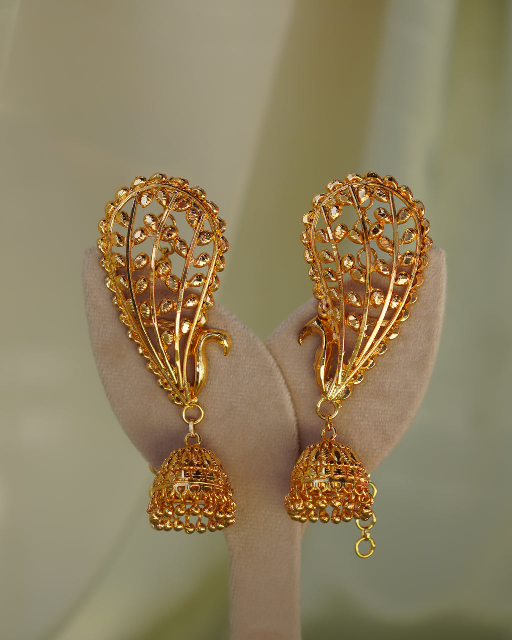 ORO - Peacock Kaan Phool Earrings | Micro Plated Filigree Ear Cuffs with Hanging Jhumkas
