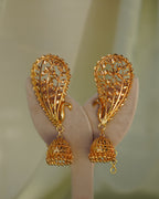 ORO - Peacock Kaan Phool Earrings | Micro Plated Filigree Ear Cuffs with Hanging Jhumkas