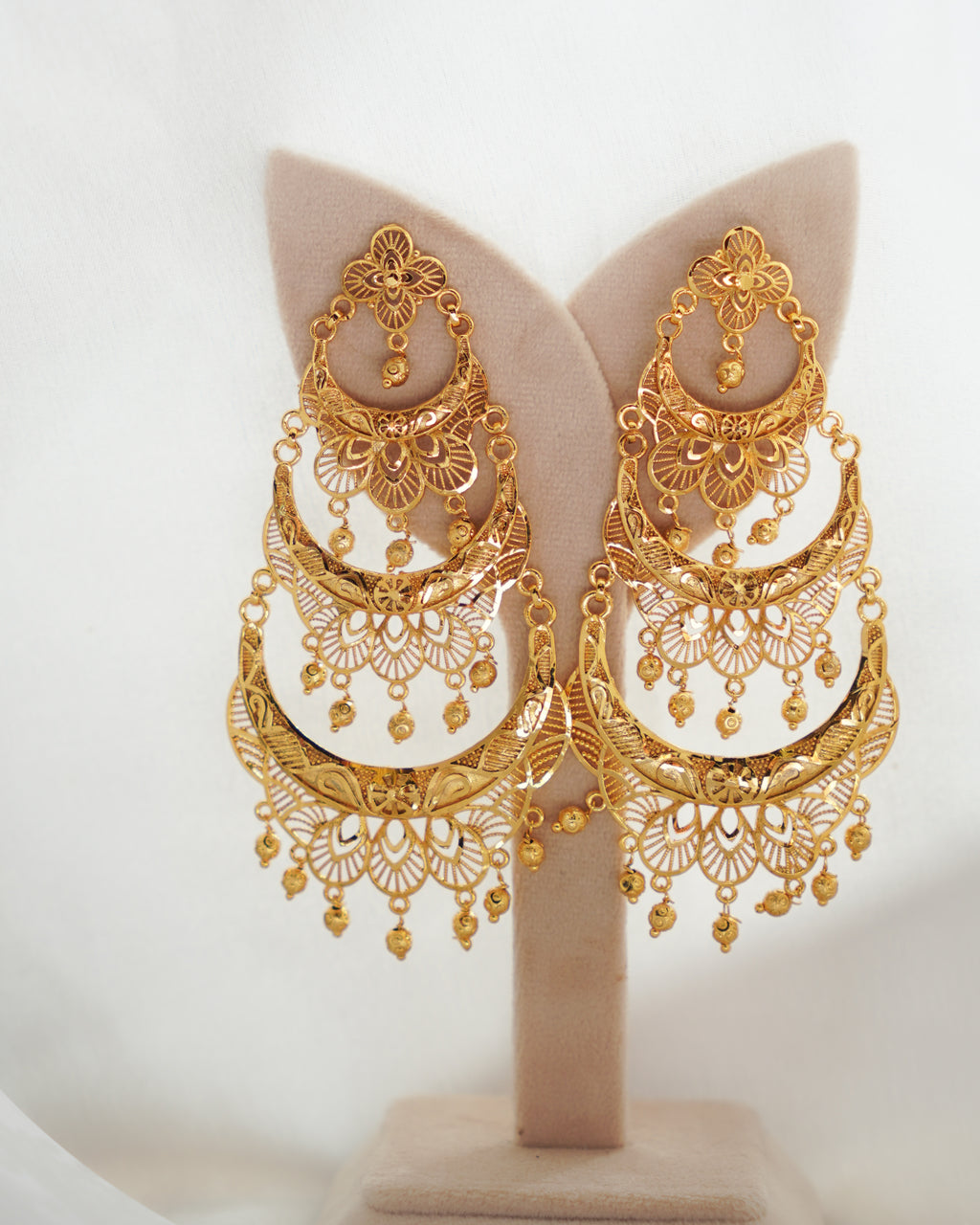 ORO- Three Tier Chandbali Earrings | Micro Plated Intricate Multi Layer Jhumka Dangles