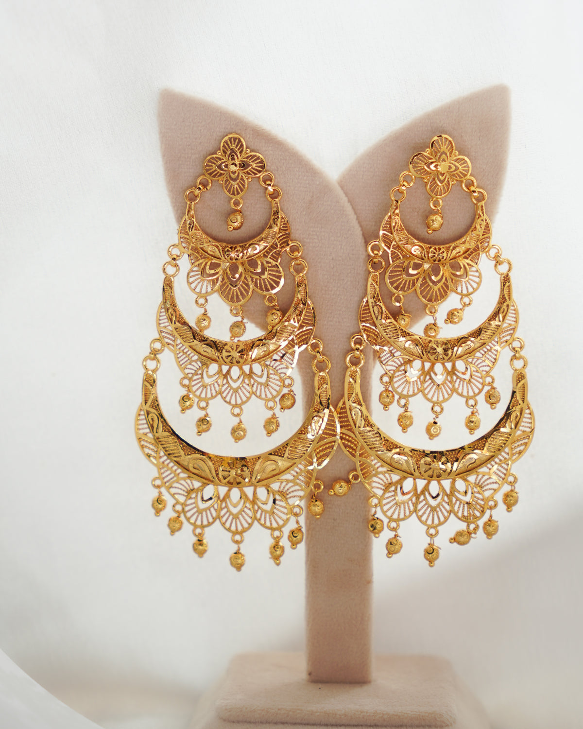 ORO- Three Tier Chandbali Earrings | Micro Plated Intricate Multi Layer Jhumka Dangles