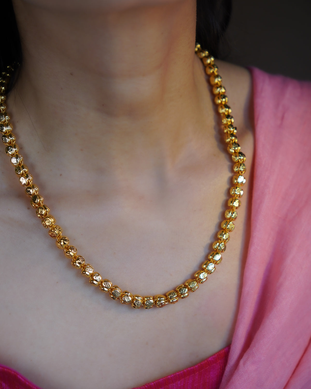 ORO-  Premium 1 Gram Gold Plated Textured Globe Mala Necklace | Micro Plated Traditional Crown Bead Haram Long Chain