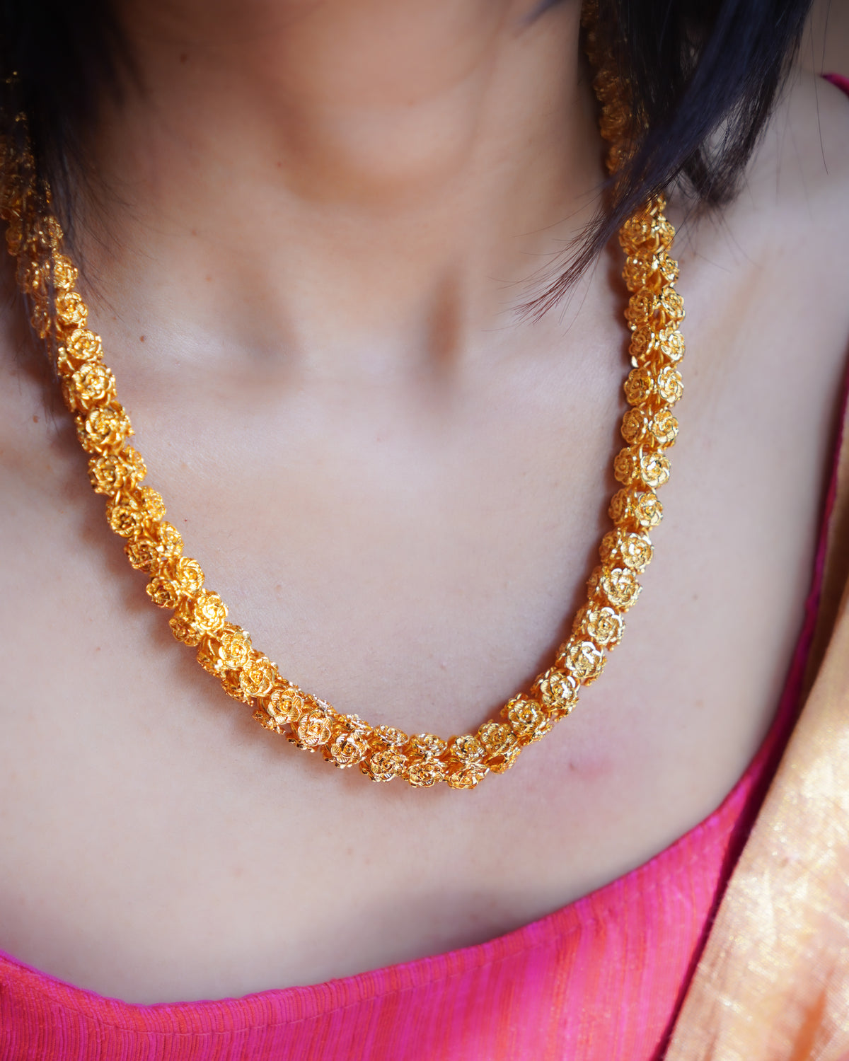 ORO - 1 Gram Gold Plated Rose Buds Mala Necklace | Micro Plated Traditional Hollow Floral Link Haram Long Chain