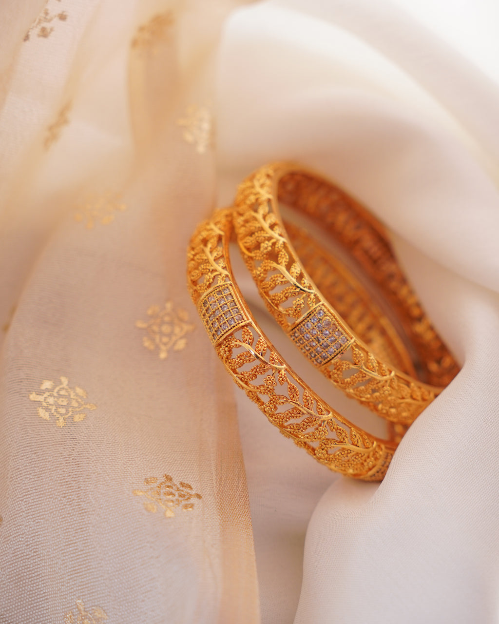 ZORA - Premium 1 Gram Gold Plated Leaf Filigree Bangles | Micro Plated American Diamond Set of 2