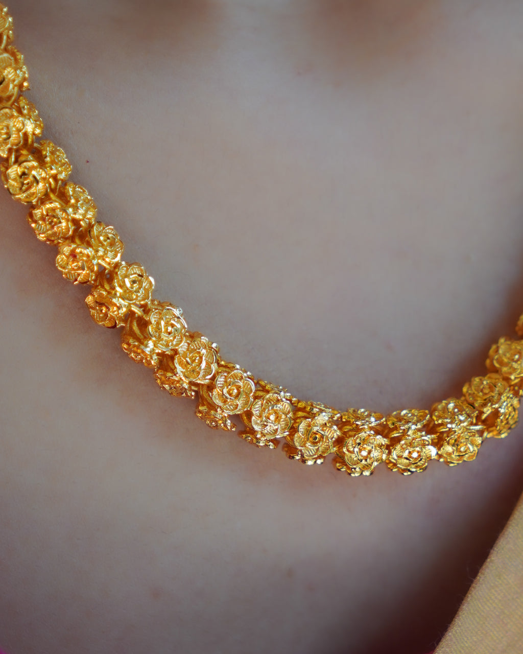 ORO - 1 Gram Gold Plated Rose Buds Mala Necklace | Micro Plated Traditional Hollow Floral Link Haram Long Chain