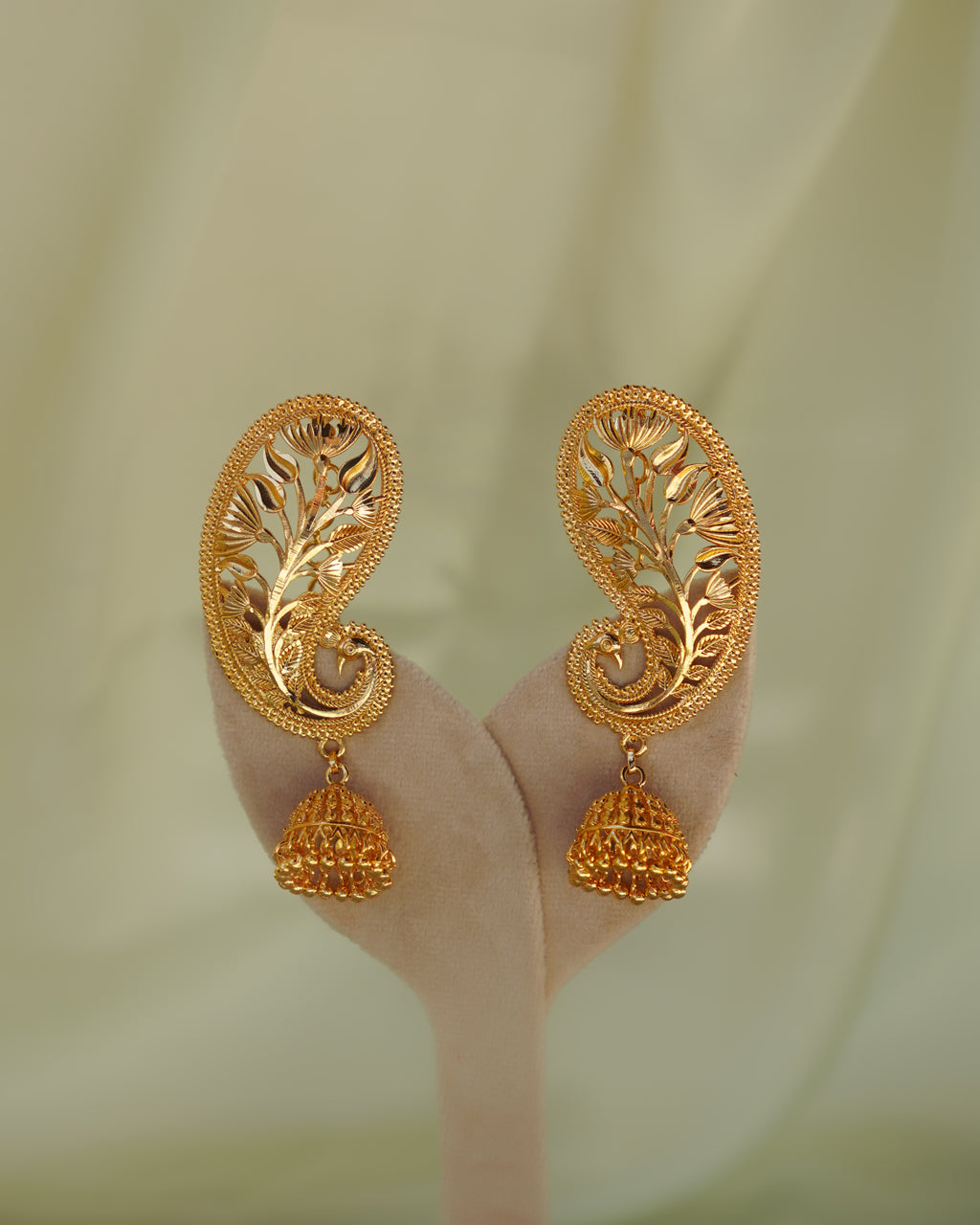 ORO-Gold Plated Paisley Peacock Kaan Phool Earrings | Micro Plated Botanical Ear Cuffs with Hanging Jhumkas