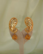 ORO-Gold Plated Paisley Peacock Kaan Phool Earrings | Micro Plated Botanical Ear Cuffs with Hanging Jhumkas