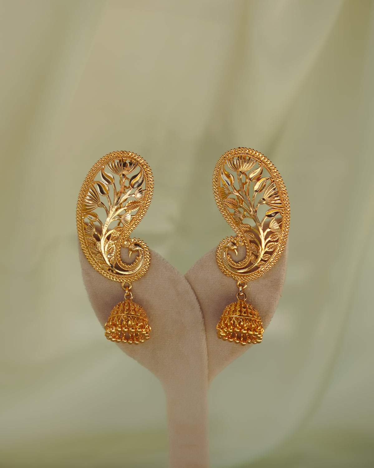 ORO-Gold Plated Paisley Peacock Kaan Phool Earrings | Micro Plated Botanical Ear Cuffs with Hanging Jhumkas