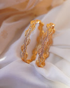 ZORA - Premium 1 Gram Gold Plated Wavy Leaf Bangles | Micro Plated American Diamond Twisted Wave Bracelets Set of 2