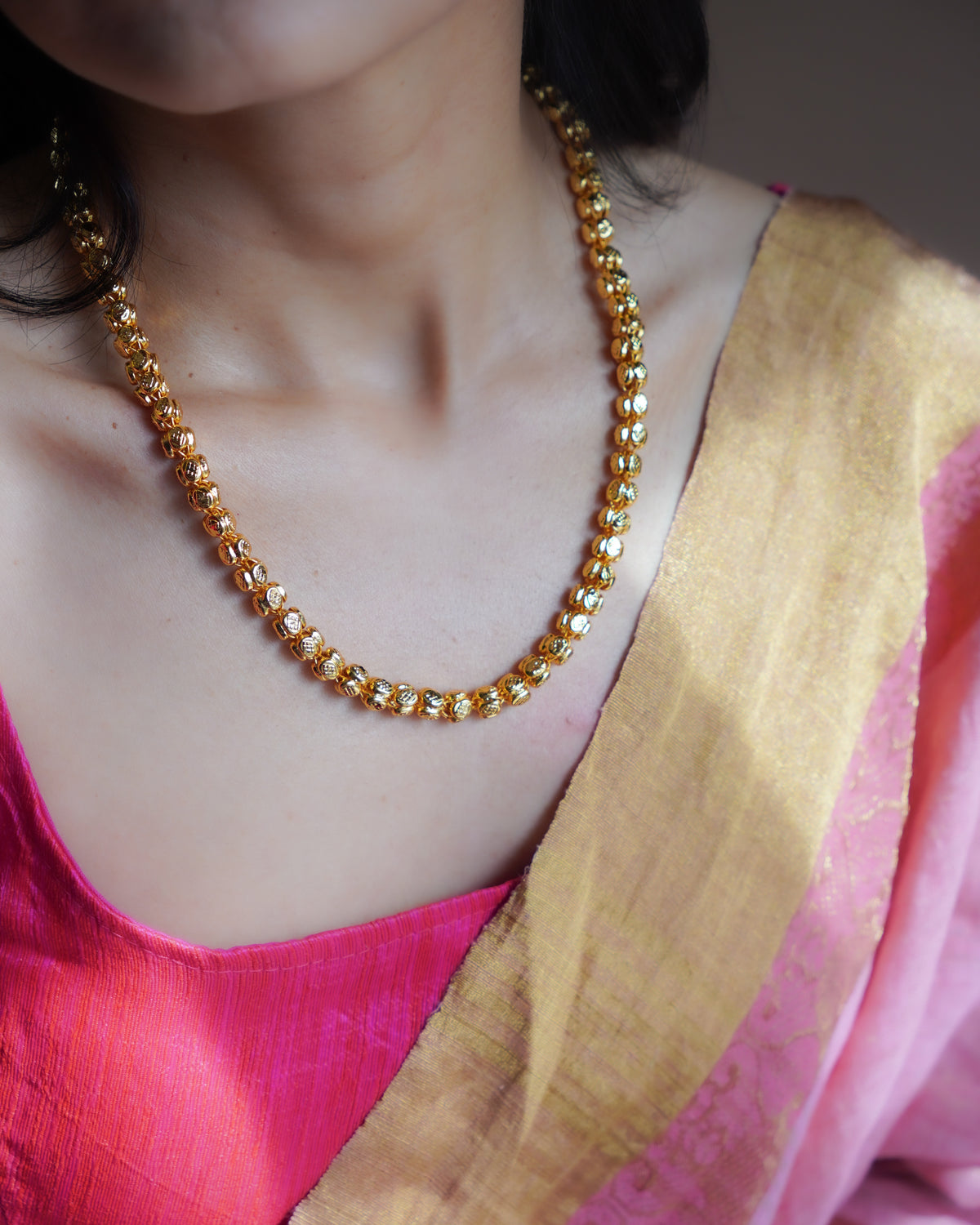 ORO-  Premium 1 Gram Gold Plated Textured Globe Mala Necklace | Micro Plated Traditional Crown Bead Haram Long Chain