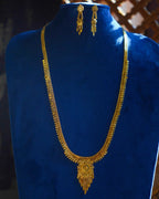 ORO-  Premium 1 Gram Gold Plated Traditional Long Haram Set | Micro Plated Sleek Rani Haar with Central Floral Pendant and Matching Earrings