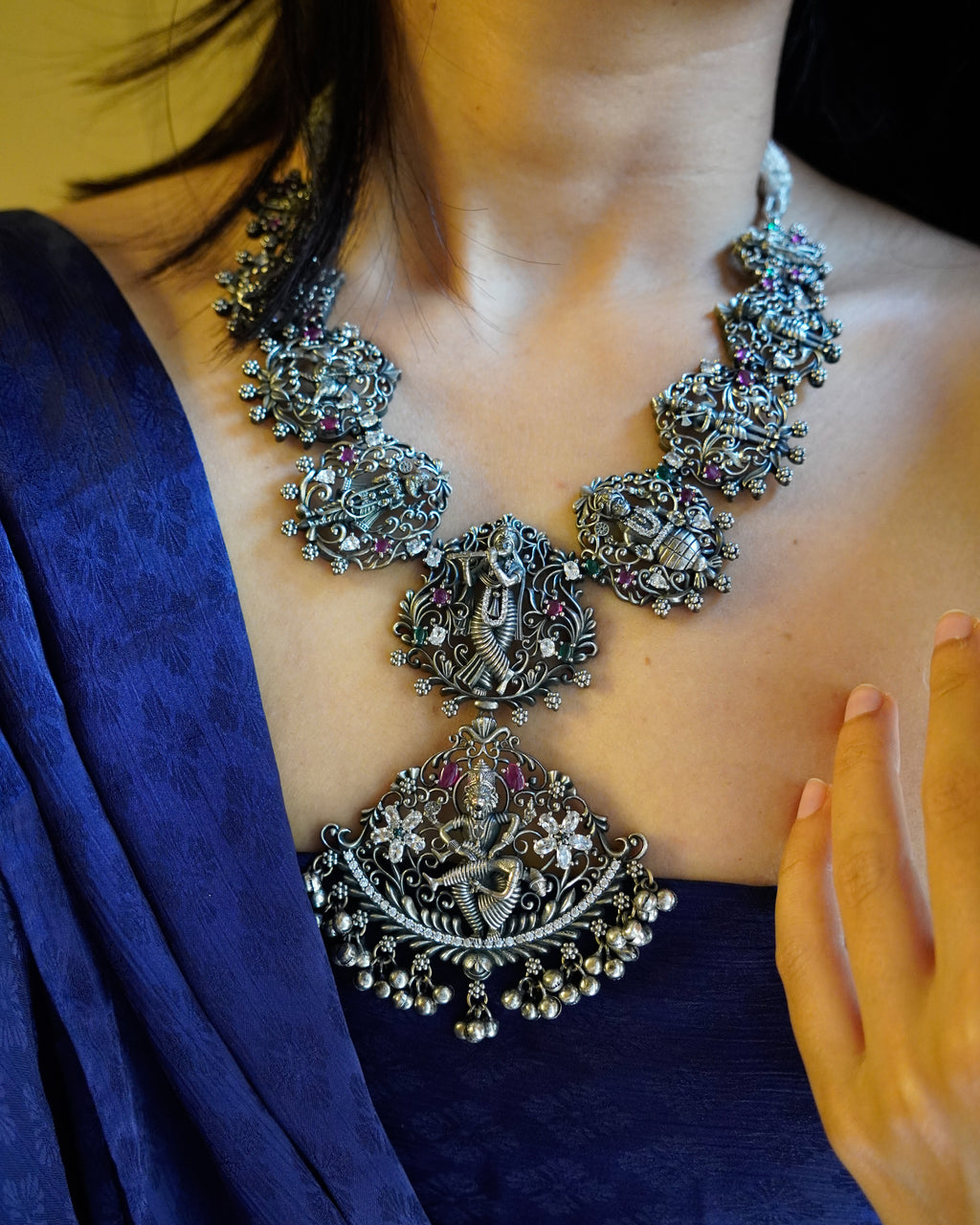 Anassa- Oxidised Temple Jewellery Necklace Set with Earrings – Antique Silver Finish Brass, Goddess Pendant Statement