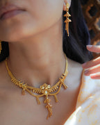 ORO- Matte Finish Floral Tassel Gold Plated Necklace & Earrings Set