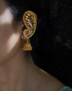 ORO-Gold Plated Paisley Peacock Kaan Phool Earrings | Micro Plated Botanical Ear Cuffs with Hanging Jhumkas