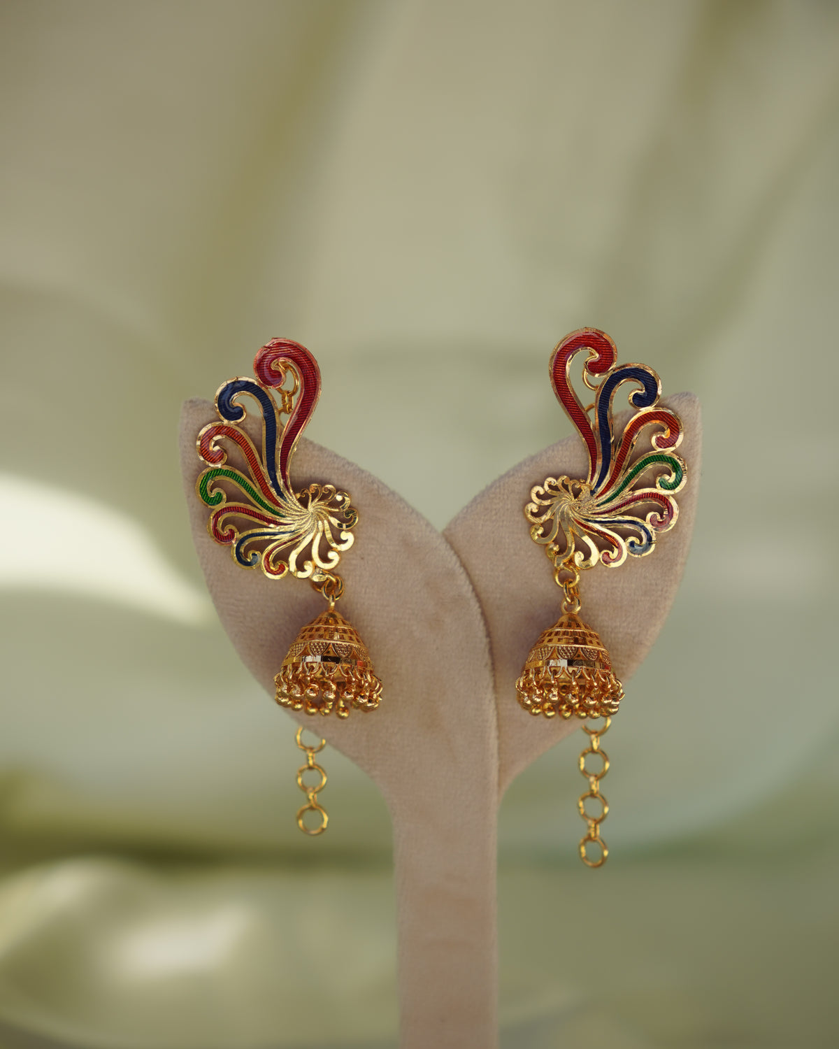 ORO-Premium 1 Gram Gold Plated Meenakari Peacock Kaan Phool Earrings | Micro Plated Enamel Ear Cuffs with Hanging Jhumkas