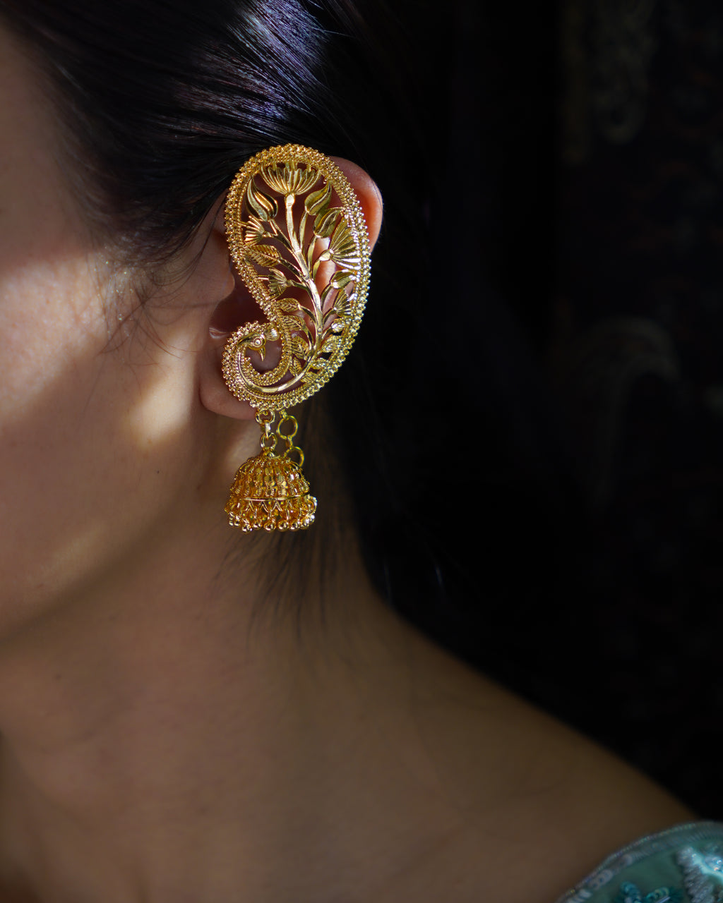 ORO-Gold Plated Paisley Peacock Kaan Phool Earrings | Micro Plated Botanical Ear Cuffs with Hanging Jhumkas