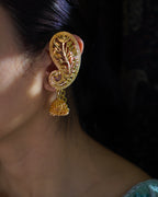 ORO-Gold Plated Paisley Peacock Kaan Phool Earrings | Micro Plated Botanical Ear Cuffs with Hanging Jhumkas