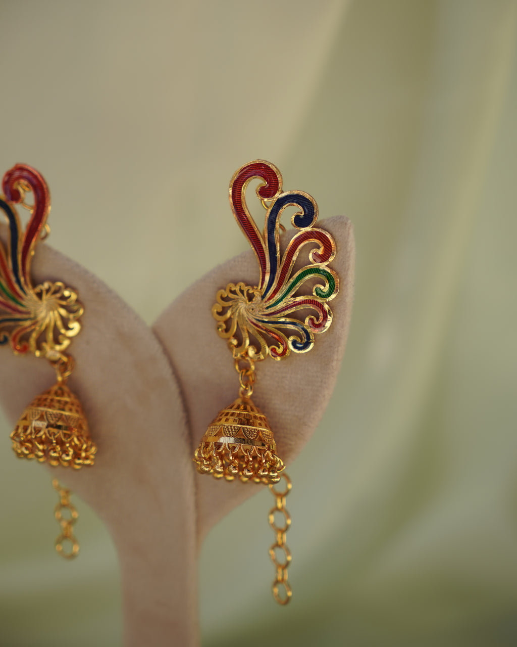 ORO-Premium 1 Gram Gold Plated Meenakari Peacock Kaan Phool Earrings | Micro Plated Enamel Ear Cuffs with Hanging Jhumkas