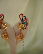ORO-Premium 1 Gram Gold Plated Meenakari Peacock Kaan Phool Earrings | Micro Plated Enamel Ear Cuffs with Hanging Jhumkas