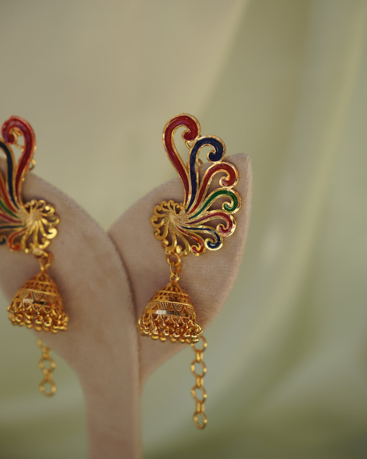 ORO-Premium 1 Gram Gold Plated Meenakari Peacock Kaan Phool Earrings | Micro Plated Enamel Ear Cuffs with Hanging Jhumkas