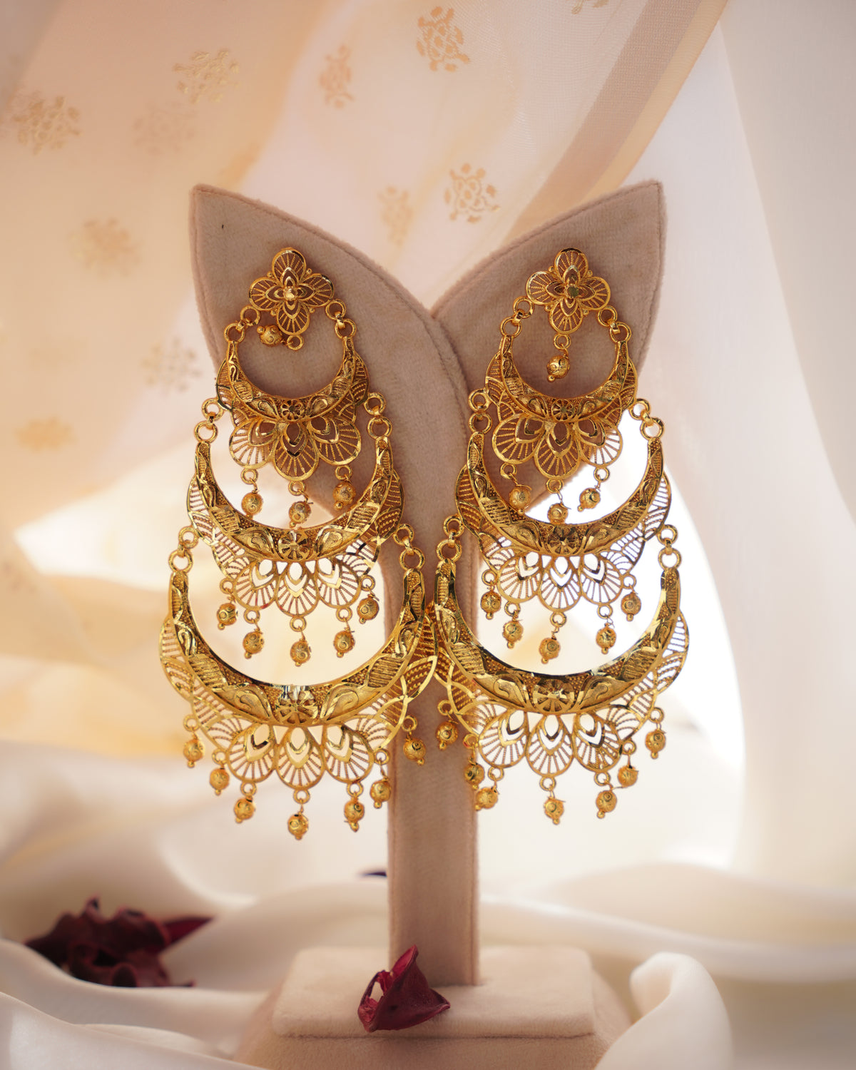 ORO- Three Tier Chandbali Earrings | Micro Plated Intricate Multi Layer Jhumka Dangles