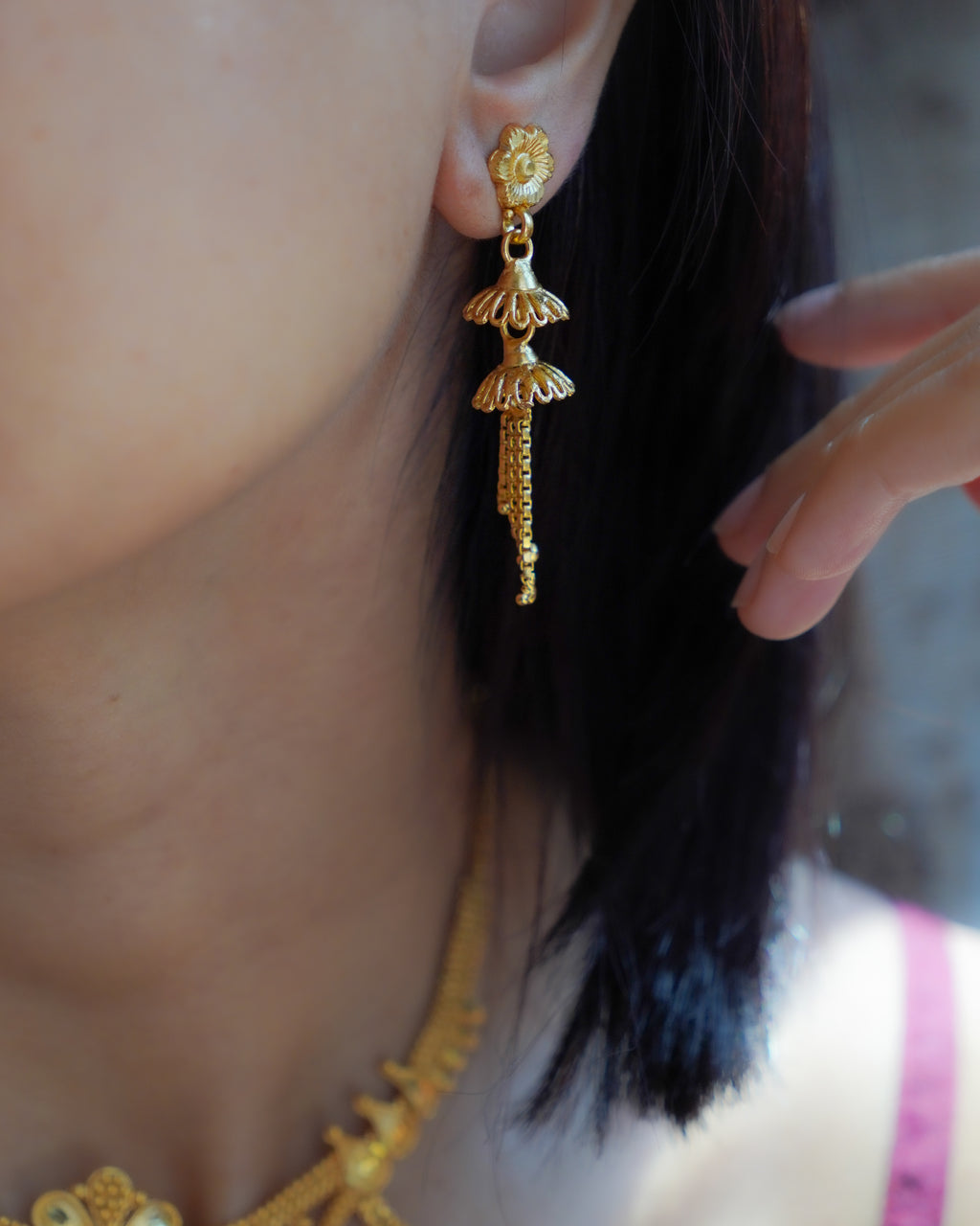 ORO- Matte Finish Floral Tassel Gold Plated Necklace & Earrings Set