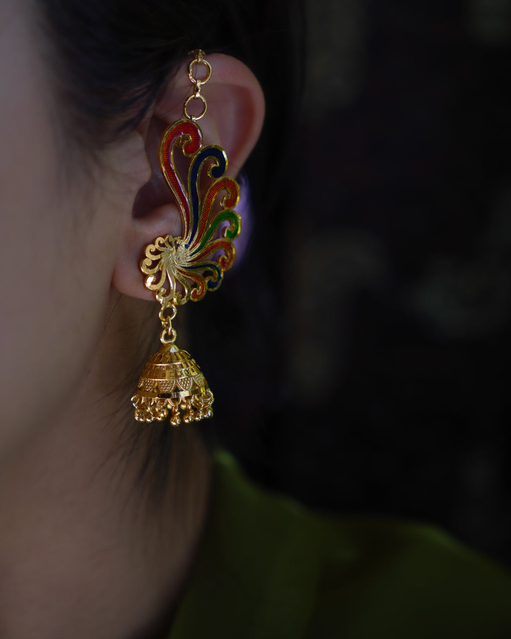 ORO-Premium 1 Gram Gold Plated Meenakari Peacock Kaan Phool Earrings | Micro Plated Enamel Ear Cuffs with Hanging Jhumkas