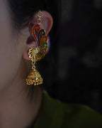 ORO-Premium 1 Gram Gold Plated Meenakari Peacock Kaan Phool Earrings | Micro Plated Enamel Ear Cuffs with Hanging Jhumkas