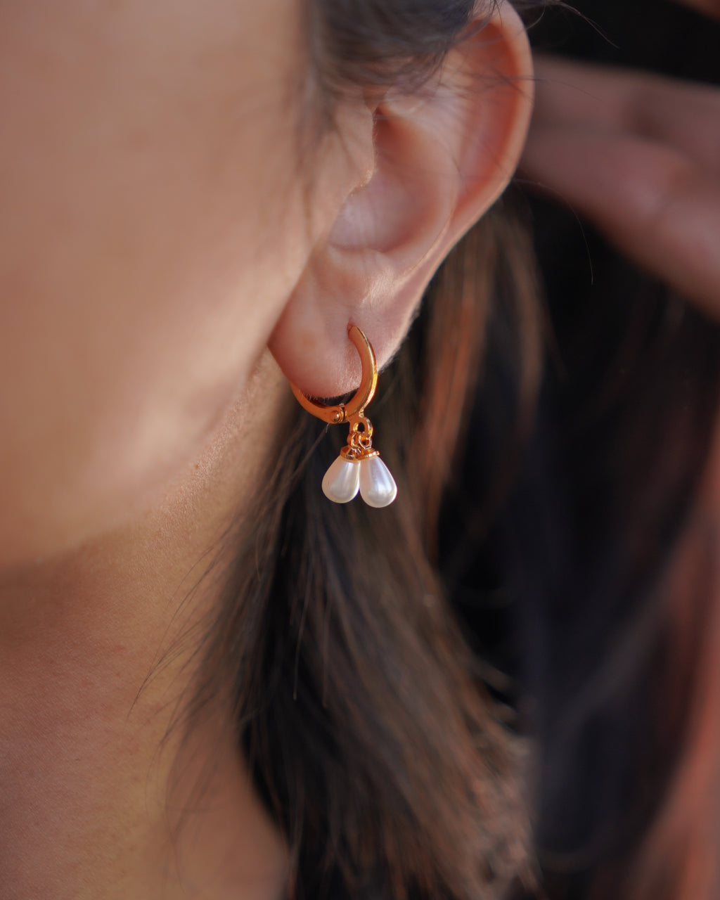 FLORA-Gold Double Pearl Drop Hoop Earrings for Women | Minimal Dangle Earrings