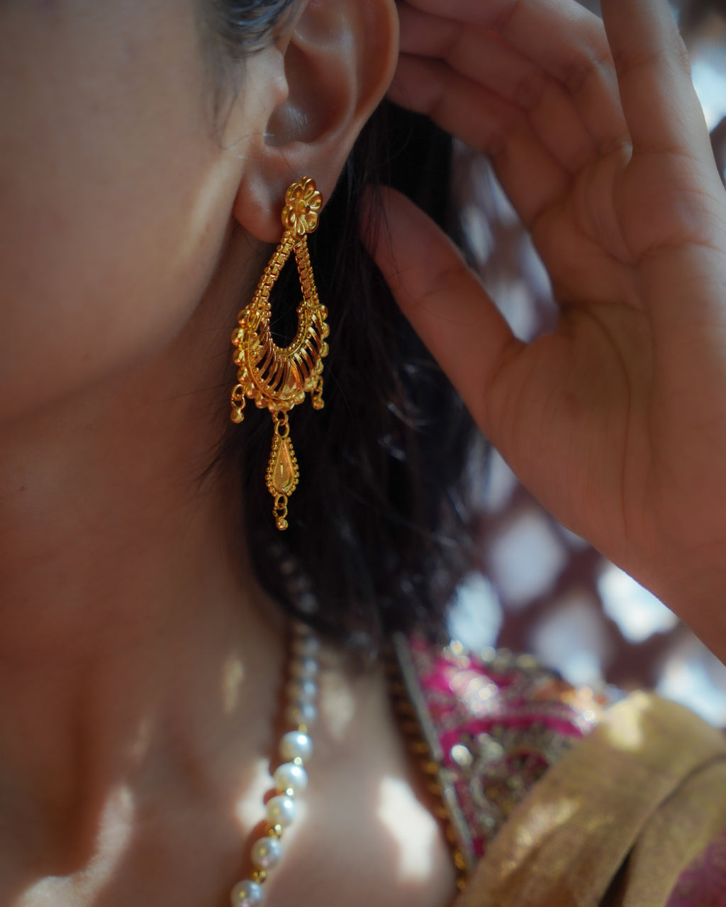 ORO- Royal Sunburst & Pearl Long Mala Set – 1gm Gold Plated Traditional Crescent Festive Necklace