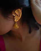 ORO - Premium 1 Gram Gold Plated Royal Peacock Kaan Phool Earrings | Micro Plated Floral Ear Cuffs with Hanging Jhumkas