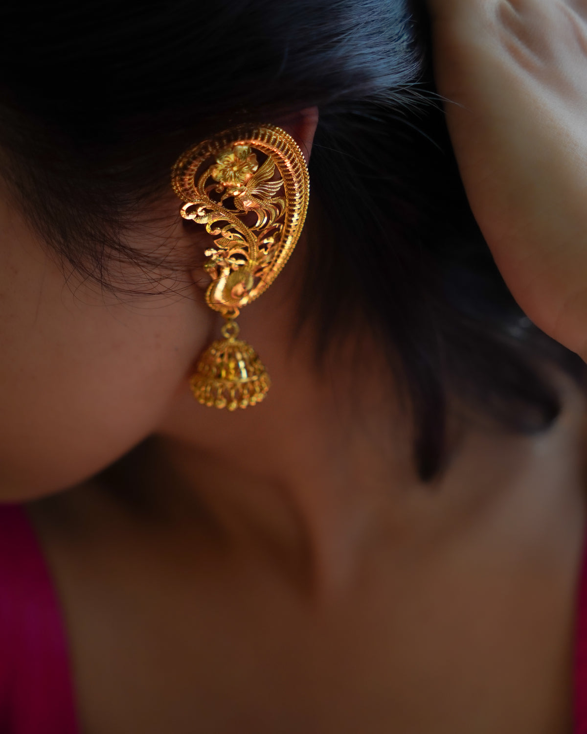 ORO - Premium 1 Gram Gold Plated Royal Peacock Kaan Phool Earrings | Micro Plated Floral Ear Cuffs with Hanging Jhumkas
