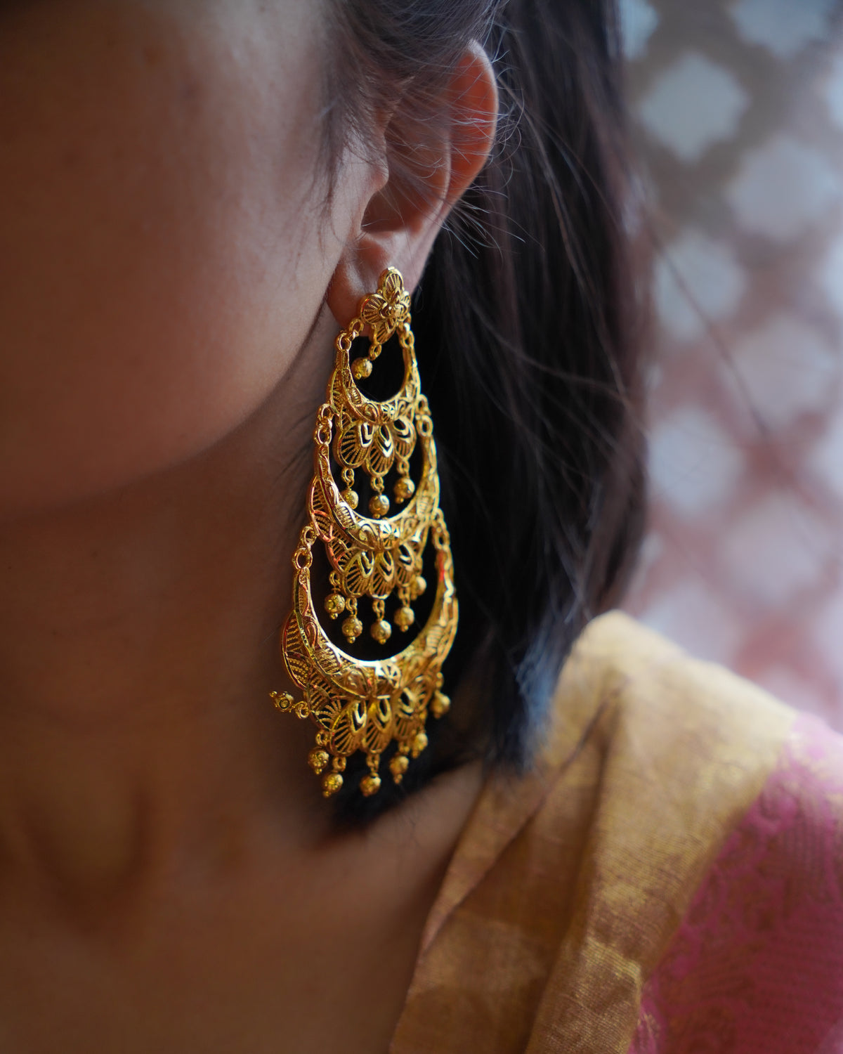 ORO- Three Tier Chandbali Earrings | Micro Plated Intricate Multi Layer Jhumka Dangles
