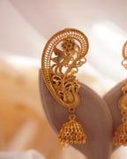 ORO - Premium 1 Gram Gold Plated Royal Peacock Kaan Phool Earrings | Micro Plated Floral Ear Cuffs with Hanging Jhumkas