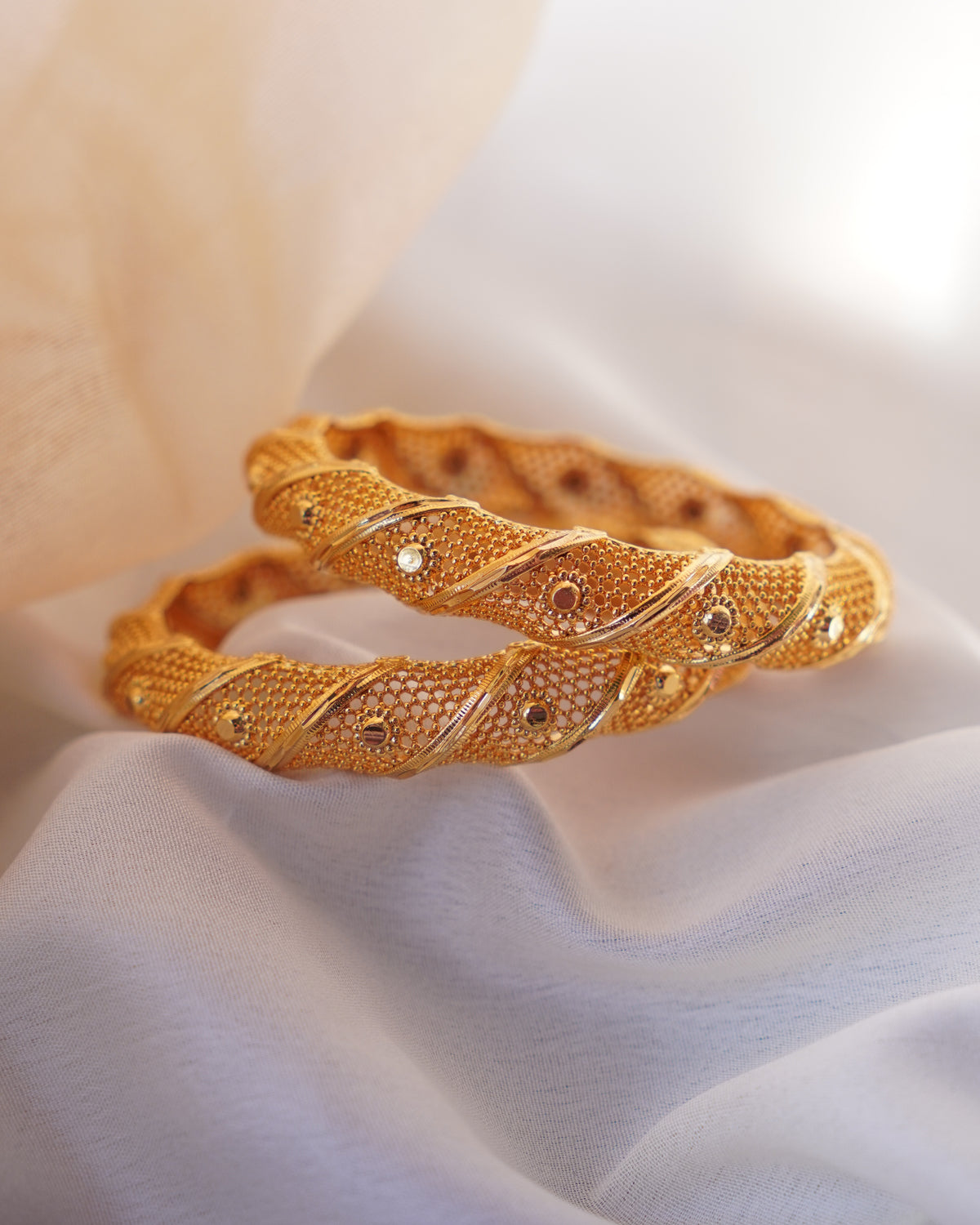ZORA - Premium 1 Gram Gold Plated Twisted Mesh Bangles | Micro Plated Spiral Filigree Traditional Bracelets Set of 2