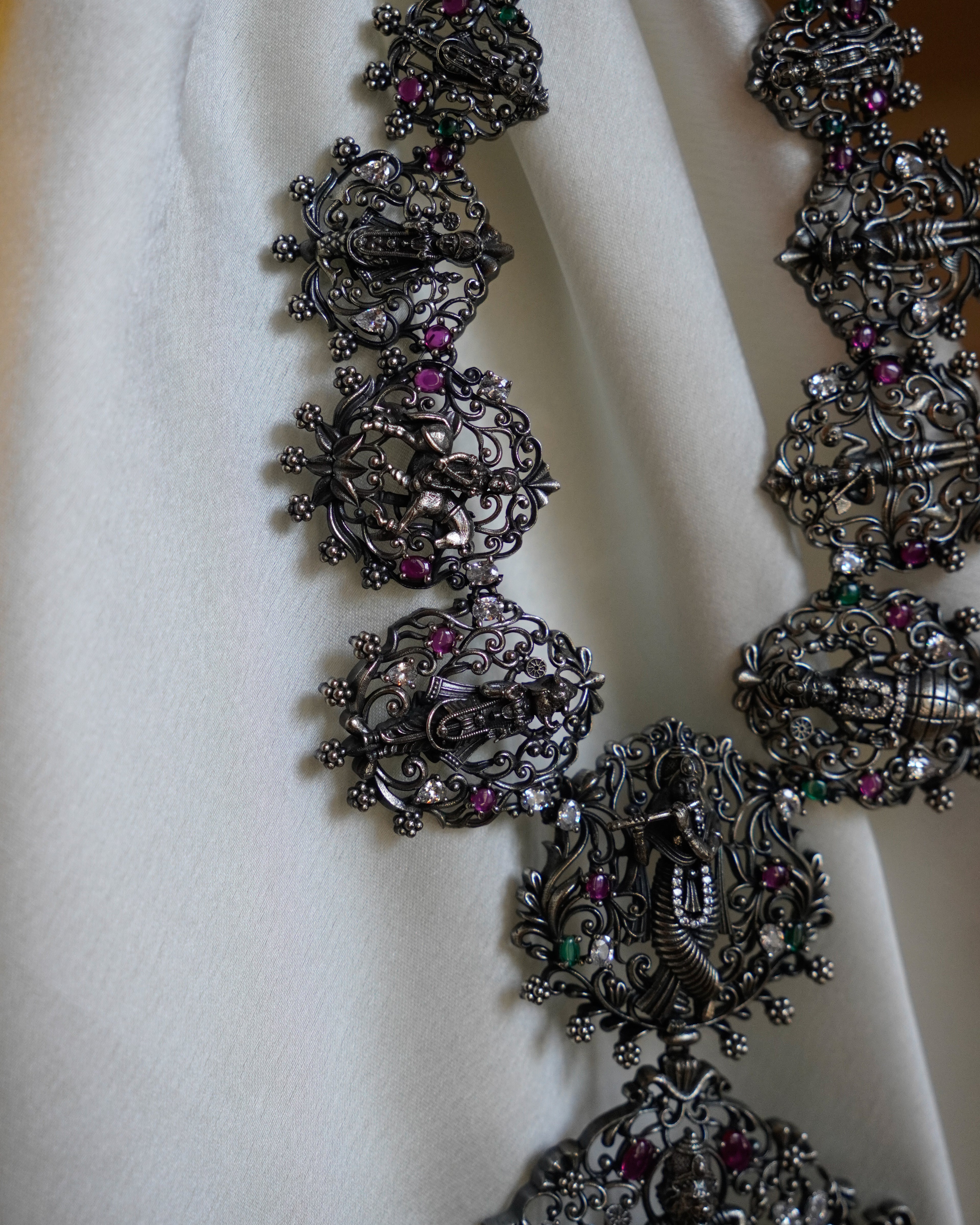 Anassa- Oxidised Temple Jewellery Necklace Set with Earrings – Antique Silver Finish Brass, Goddess Pendant Statement