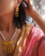 ORO - Premium 1 Gram Gold Plated Pearl Mala Long Necklace Set | Micro Plated Long Haram with Multi Jhumka Drops and Matching Earrings