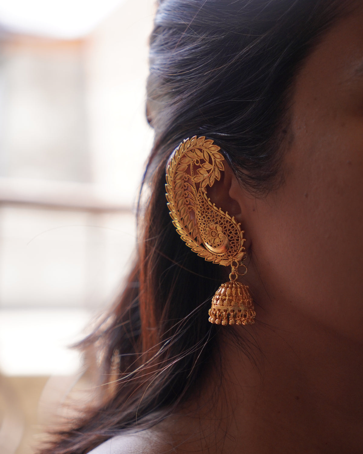 ORO-  Traditional Paisley Ear Cuffs with Jhumka | Premium Micro Plated Mango Kaan Chain Earrings