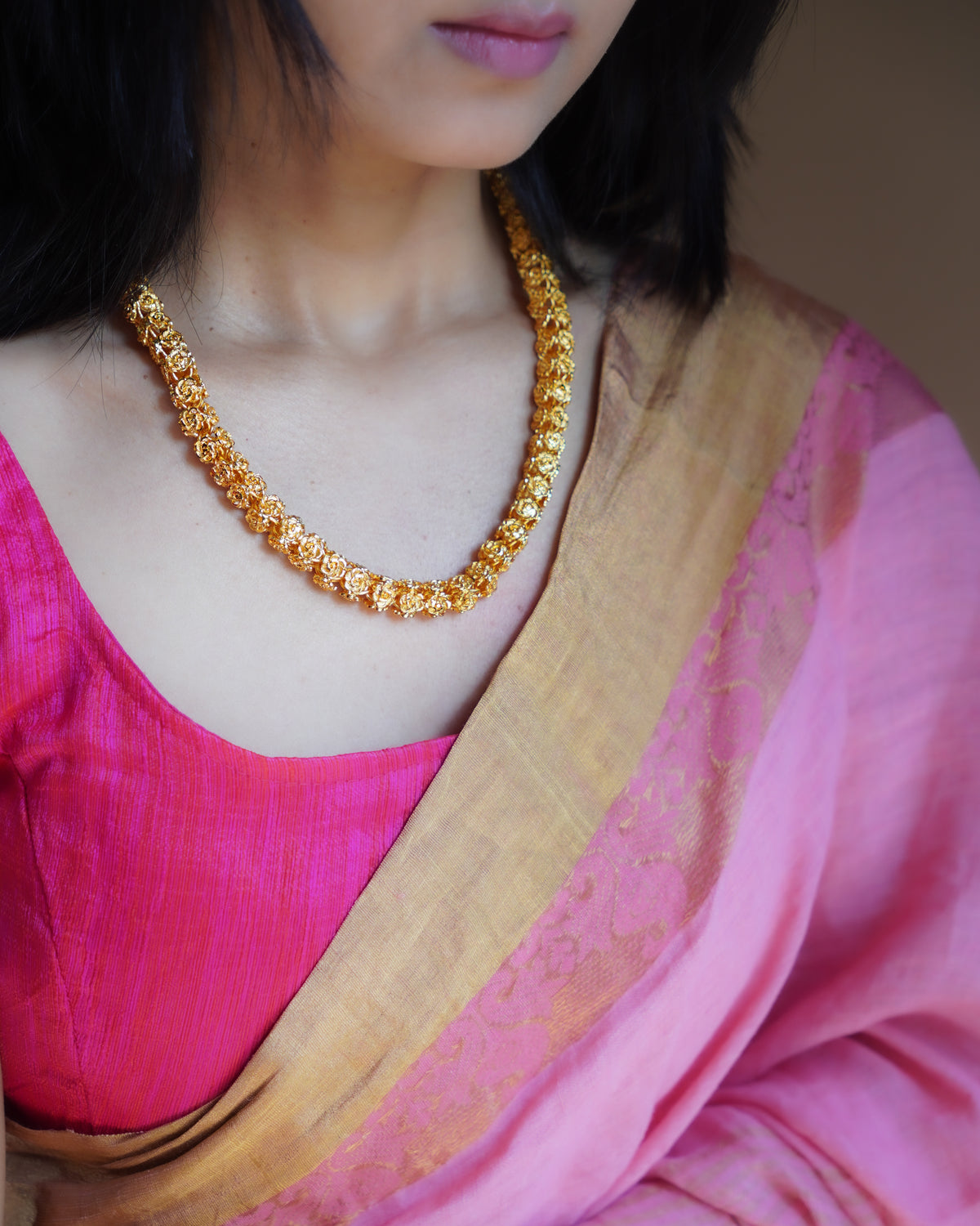 ORO - 1 Gram Gold Plated Rose Buds Mala Necklace | Micro Plated Traditional Hollow Floral Link Haram Long Chain