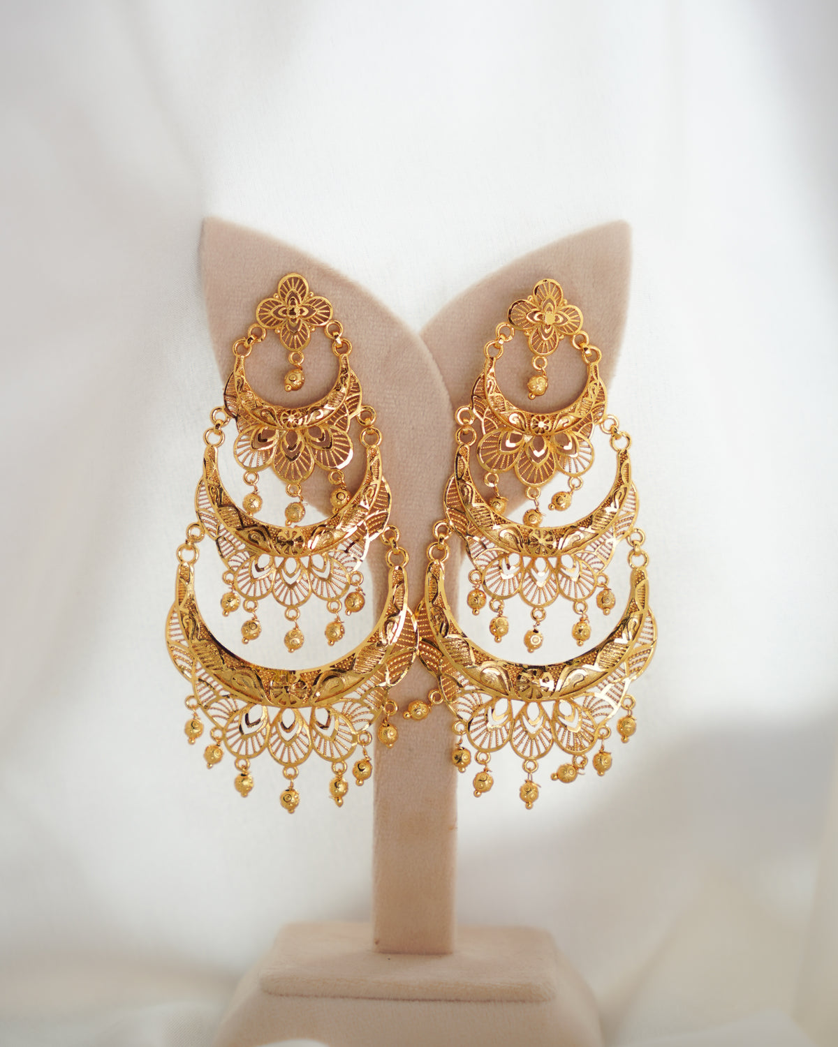 ORO- Three Tier Chandbali Earrings | Micro Plated Intricate Multi Layer Jhumka Dangles