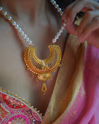 ORO- Royal Sunburst & Pearl Long Mala Set – 1gm Gold Plated Traditional Crescent Festive Necklace