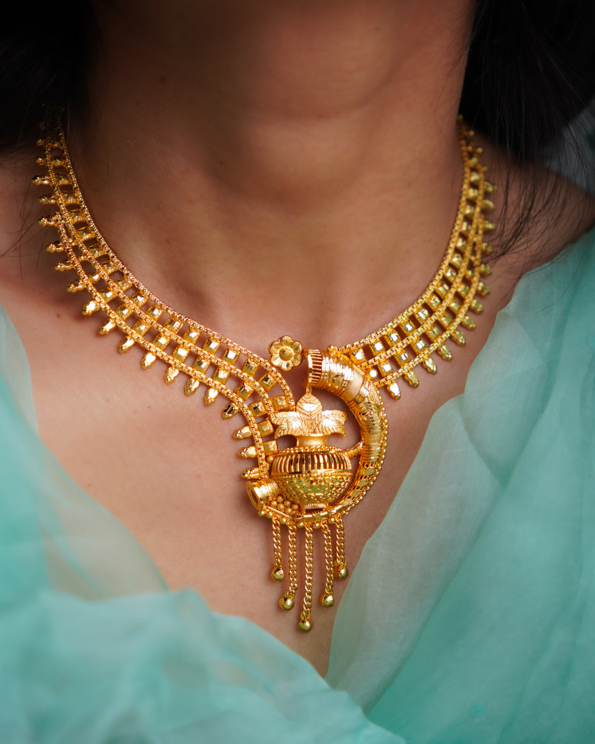 ORO- Traditional 1 Gram Gold Purnakumbha Necklace Set with Matching Drop Earrings | Premium Micro Plated Temple Jewellery