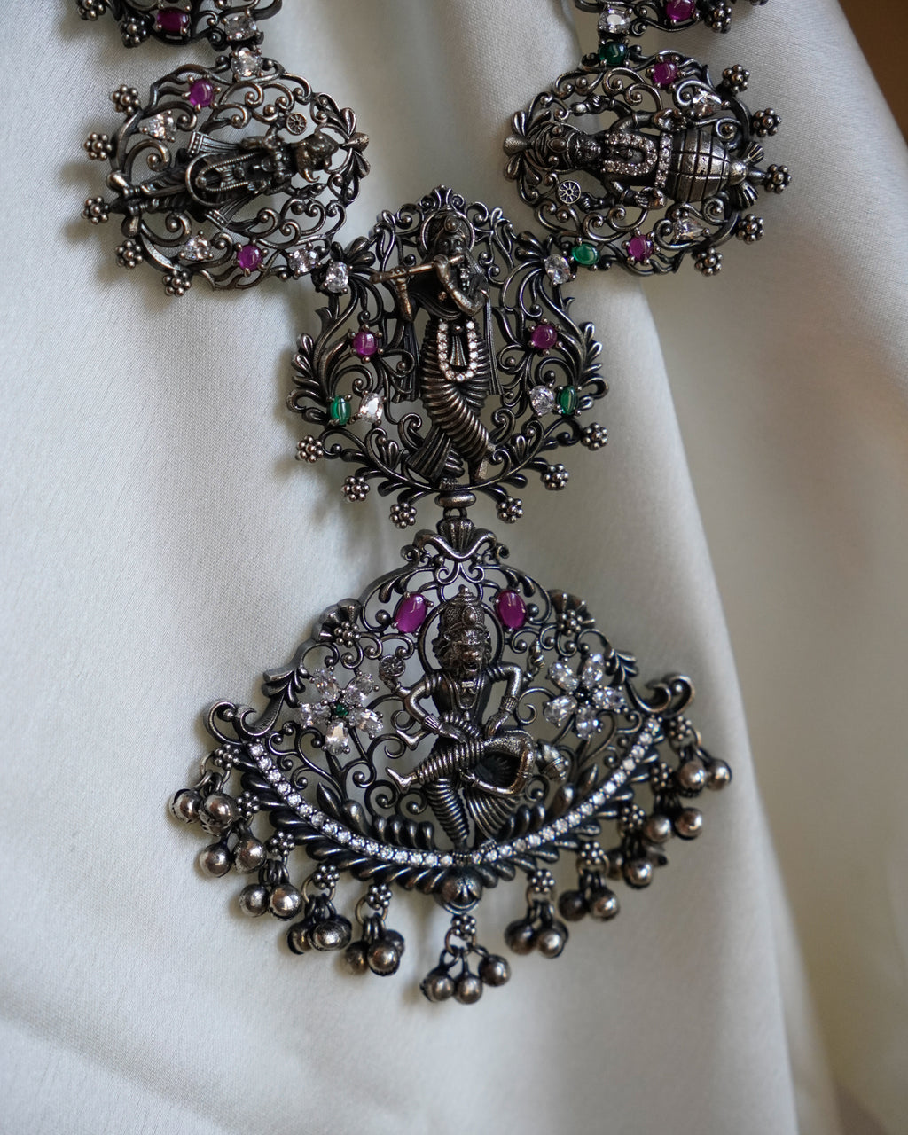 Anassa- Oxidised Temple Jewellery Necklace Set with Earrings – Antique Silver Finish Brass, Goddess Pendant Statement