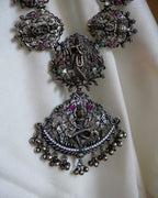 Anassa- Oxidised Temple Jewellery Necklace Set with Earrings – Antique Silver Finish Brass, Goddess Pendant Statement