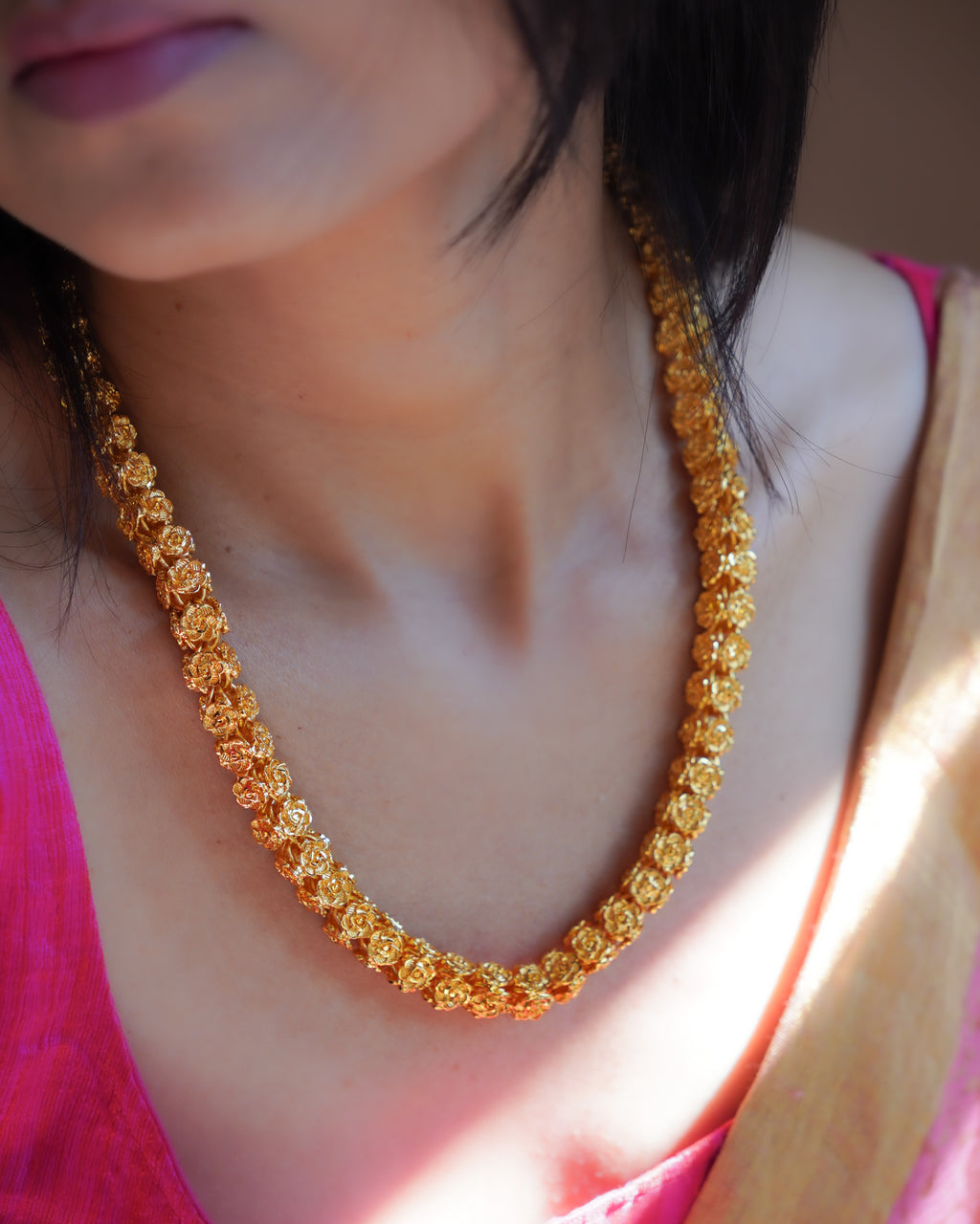 ORO - 1 Gram Gold Plated Rose Buds Mala Necklace | Micro Plated Traditional Hollow Floral Link Haram Long Chain