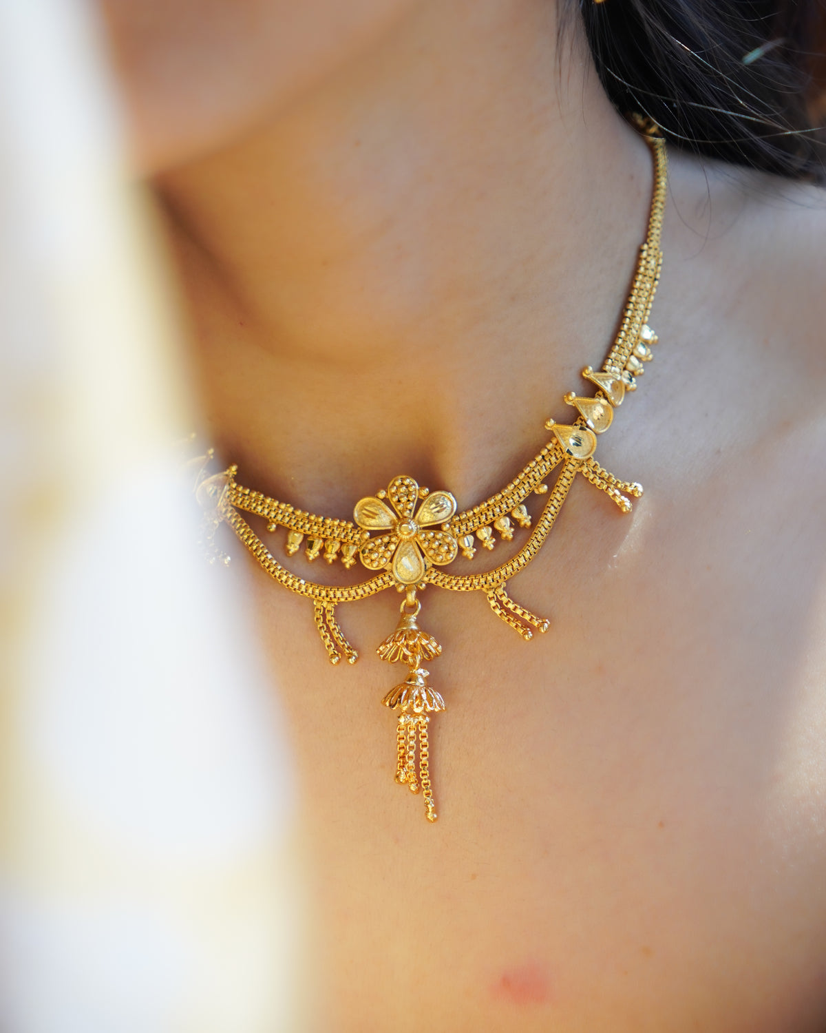 ORO- Matte Finish Floral Tassel Gold Plated Necklace & Earrings Set